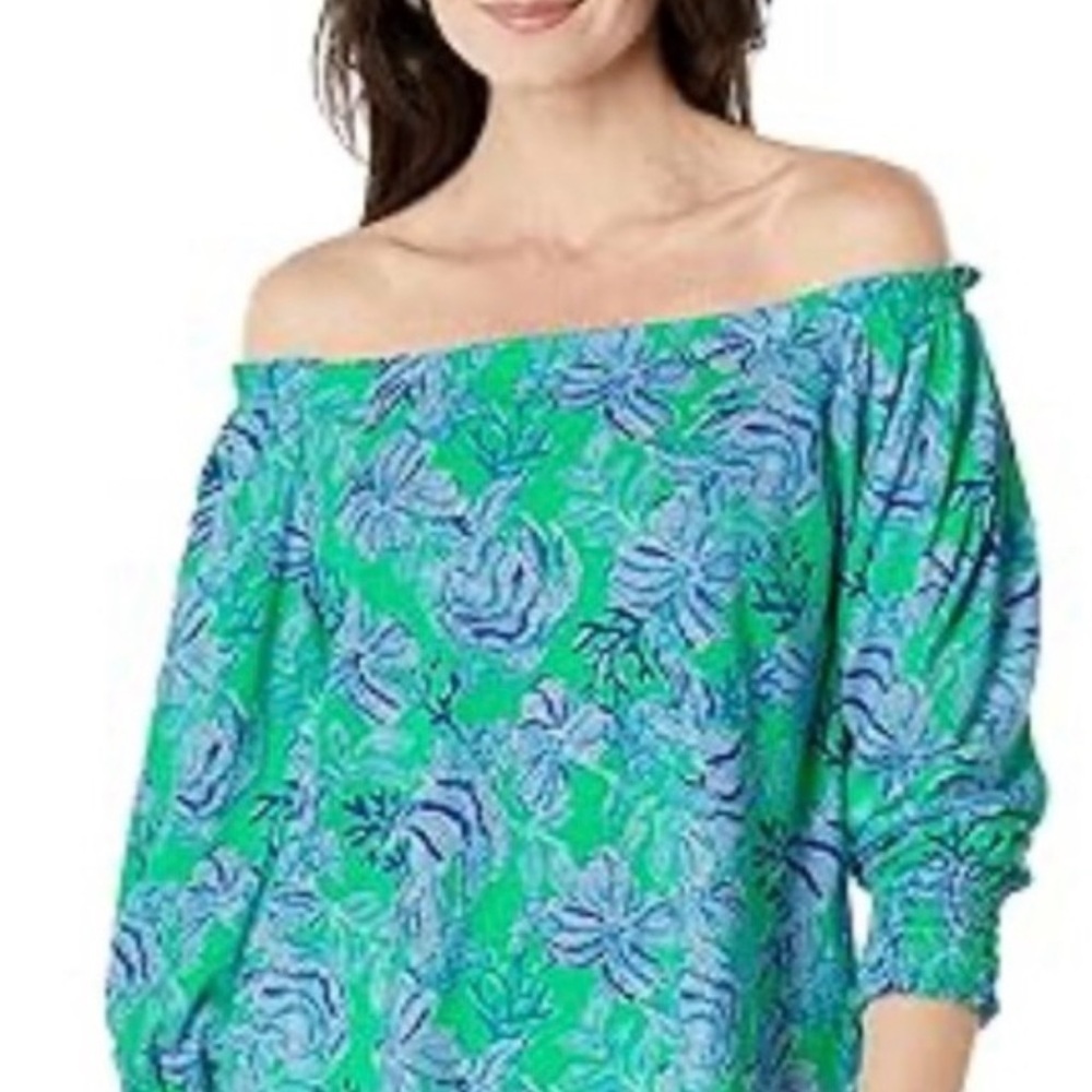 NWOT Lilly Pulitzer Small Lessa Off Shoulder Tropical Vacation Vibes Resort - Picture 2 of 5